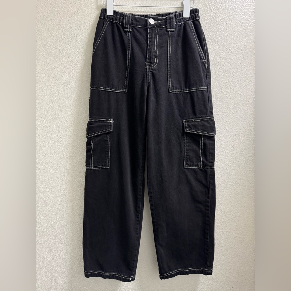 Almost Famous Cargo Jeans Pants Relaxed Stretch Waist Black Womens Small